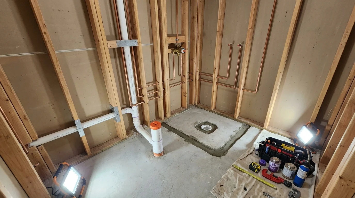 Bathroom rough-in plumbing during remodel by Johns Plumbing LLC in Roaring Spring